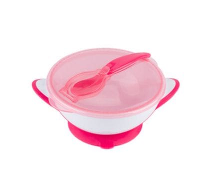 BABYONO Μπωλ Φαγητού Με Κουτάλι, Βεντούζα & Καπάκι Pink 300ml (6+ μηνών)