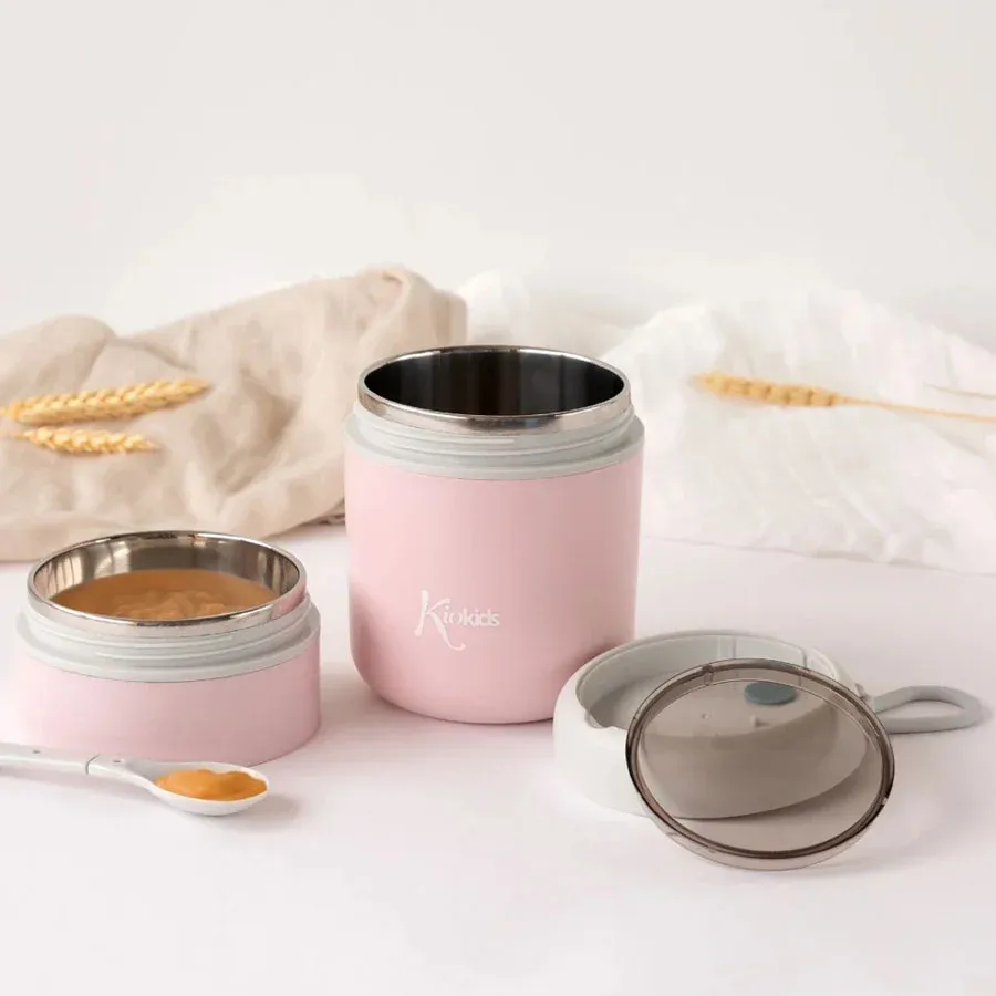 KIOKIDS Ανοξείδωτος Θερμός Φαγητού Για Μωρά Με 2 Θαλάμους & Κουτάλι Ροζ 710ml