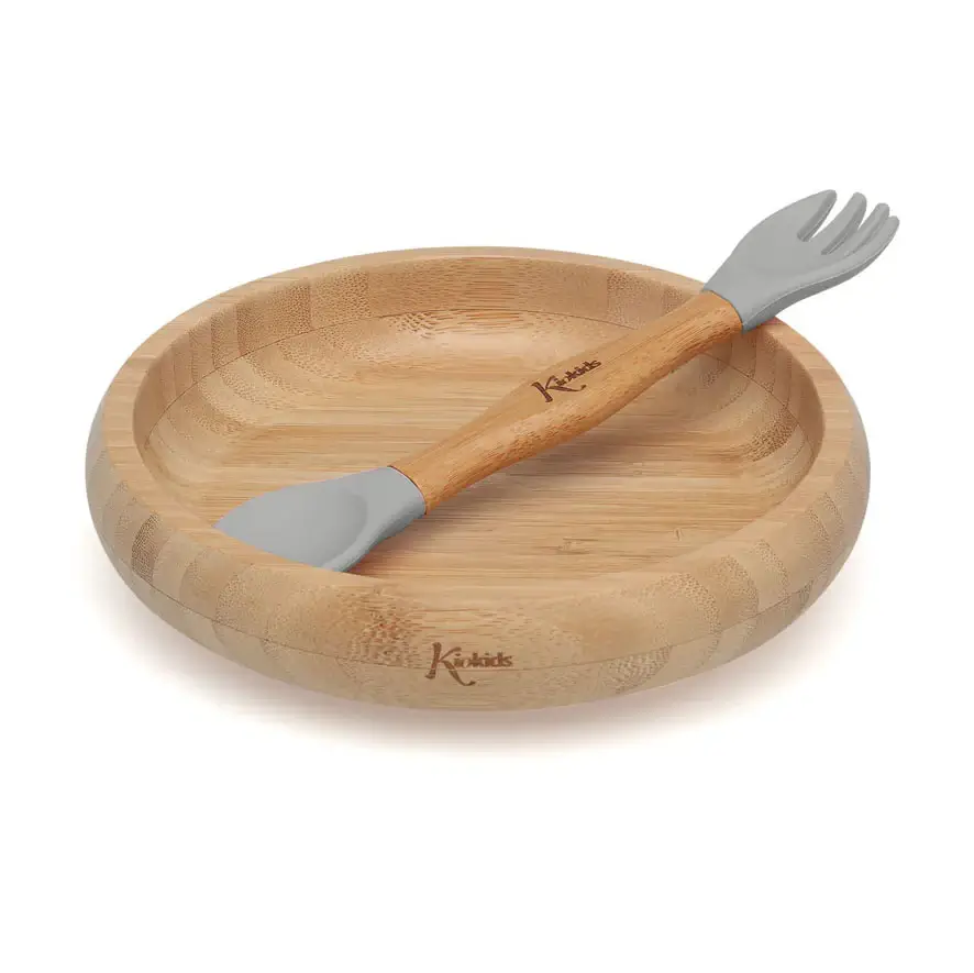 KIOKIDS Παιδικό Πιάτο Bamboo Με Βεντούζα & Κουταλοπίρουνο Grey (4+ μηνών)