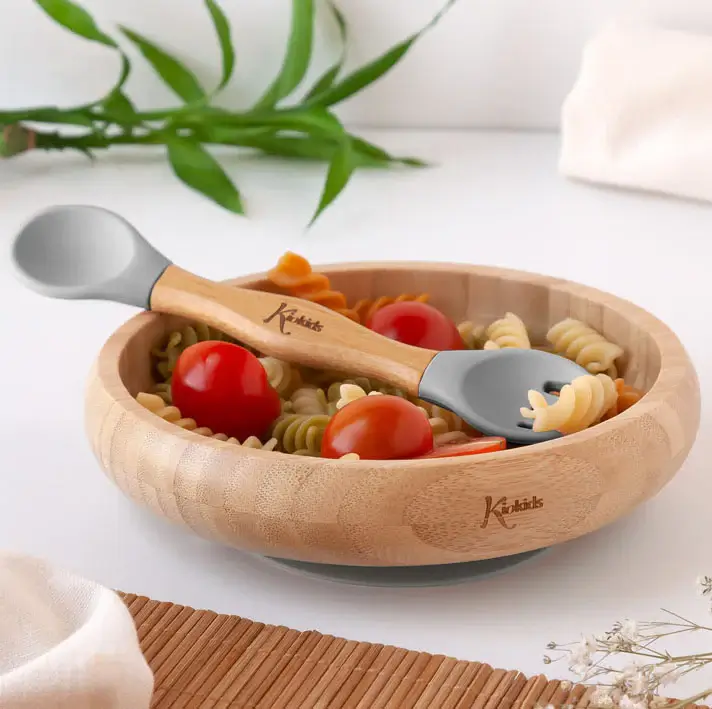 KIOKIDS Παιδικό Πιάτο Bamboo Με Βεντούζα & Κουταλοπίρουνο Grey (4+ μηνών)