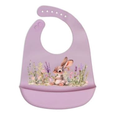 KIOKIDS Βρεφική Σαλιάρα Σιλικόνης Με Τσέπη Lavender Bunny (4+ μηνών)