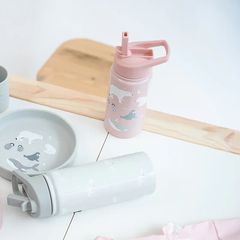 SARO Ανοξείδωτο Παγούρι Θερμός Με Καλαμάκι Polar Bear Pink 350ml