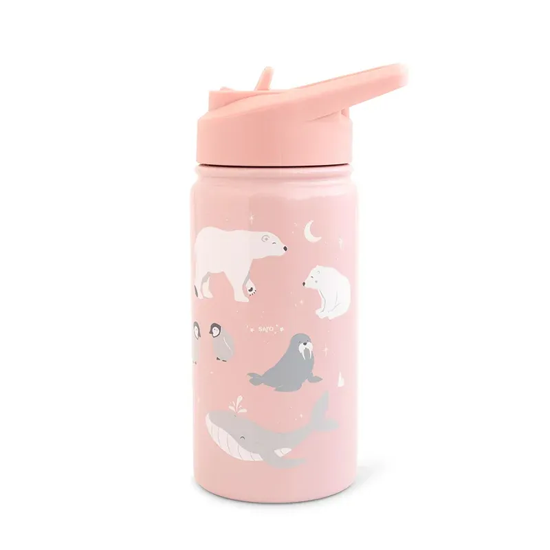 SARO Ανοξείδωτο Παγούρι Θερμός Με Καλαμάκι Polar Bear Pink 350ml