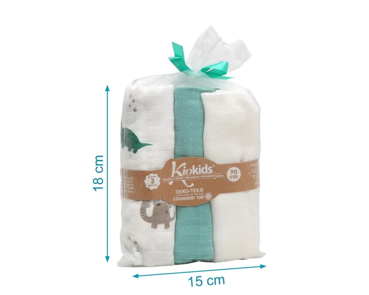 KIOKIDS Σετ Πάνες Αγκαλιάς Μουσελίνα Bamboo Mint Dinos